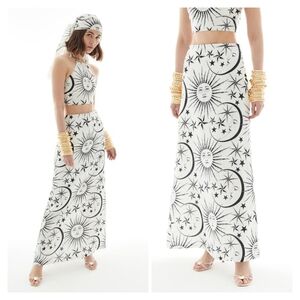 ADL X Raisa Vanessa Sun Moon Stars 100% Linen Midi Skirt Size XS